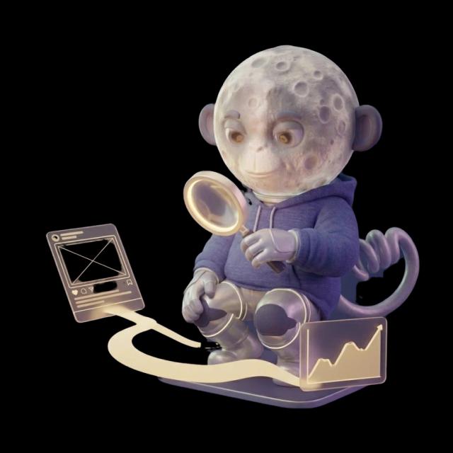 Moonkey inspecting results with a magnifying glass